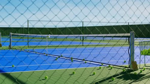Tilting footage of the tennis court behind the fence. Blue and green area 4k HD