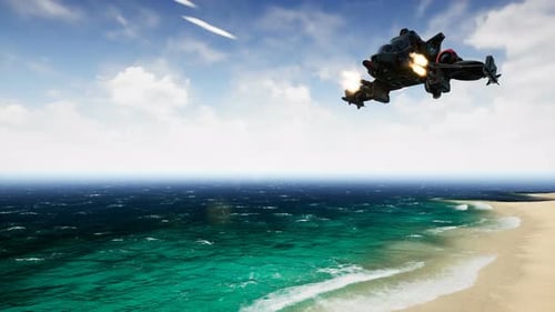 Futuristic Spaceship Flight Over Coastal Ocean