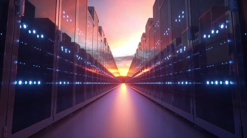 Centro de datos con un sinfín de servidores contra un cielo azul con nubes