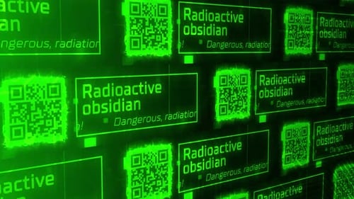 Les codes QR abstraits et l'inscription « obsidienne radioactive »