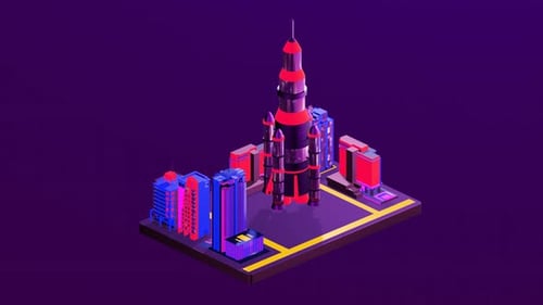 Futuristic Isometric Rocket Launch Animation from City