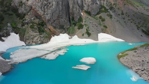 Atmospheric Alpine Landscape To Beautiful Glacial Lake in Highland Valley. Aerial View