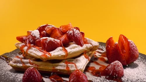 Waffles with Strawberries and Syrup on Yellow