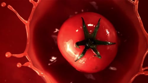Super Slow Motion Whole Tomato Falls Into Tomato Juice with Splashes