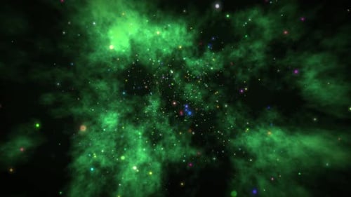 Flying Through Green Space Nebula with Twinkling Particles Background