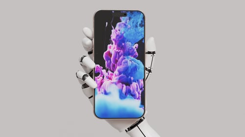Robot Hand Interacting with Mobile Phone Screen Mockup