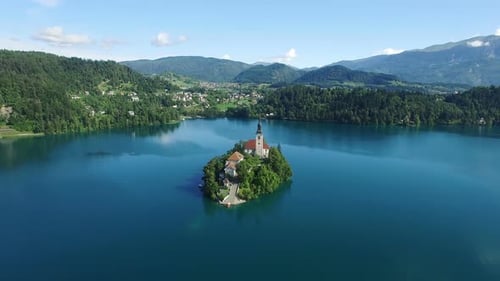 Flight above Lake Bled in Slovenia