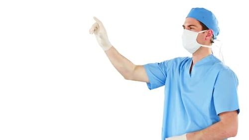 Surgeon pretending to be using futuristic digital screen