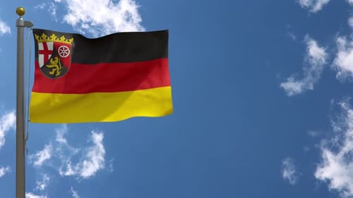 Rhineland-Palatinate Flag Waving On Flagpole In Blue Sky