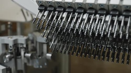 Close Up Of Mechanical Assembly Line In Factory