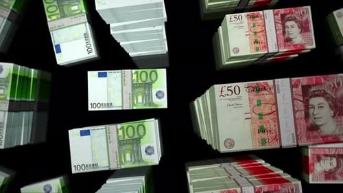 Flight over Euro and Pound Sterling money banknote packs loop animation