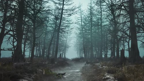 Looped Forest in Fog with Falling Leaves in Slow Motion