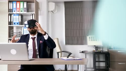 Man Wearing VR Headset in Office Setting