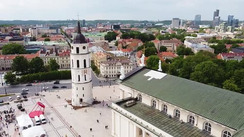 Historical Vilnius Cathedral with tower and skyscrapers in horizon, aerial view