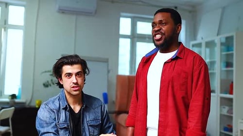 Professeur d'italien ou d'indien pratiquant les cordes vocales avec un Afro-Américain en classe le jour