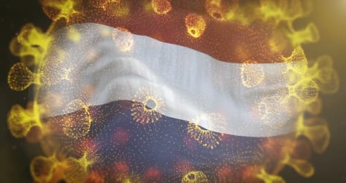 Abstract Waving Flag Surrounded by Glowing Virus Particles