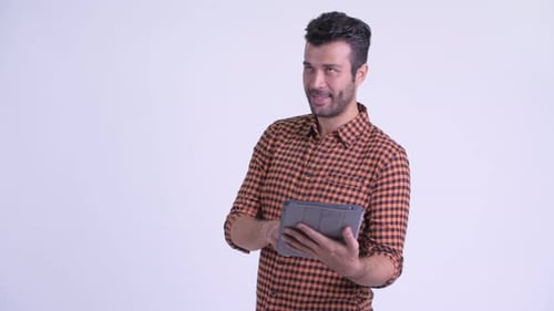 Young Adult with Tablet on White Background