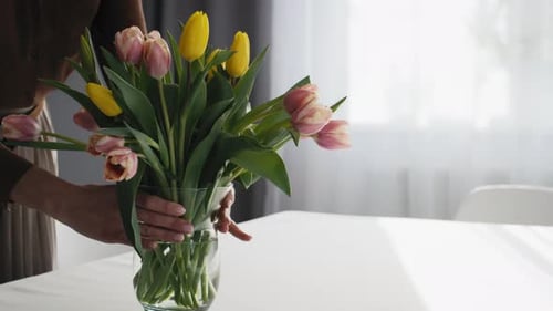 Woman Arranging Tulips in Vase on White Table