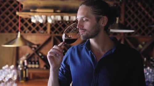 Wine Tasting. Man Smelling, Drinking Red Wine At Winery Cellar