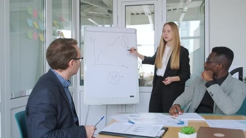 Junge Frau führt für ihre Startup-Geschäftspartner neuen Projektplan durch