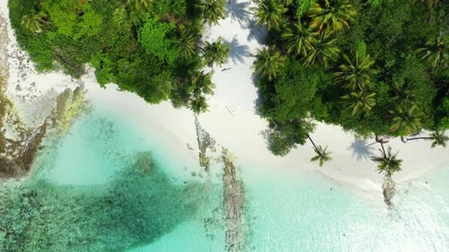 Beautiful flying abstract view of a summer white paradise sand beach and aqua blue water background