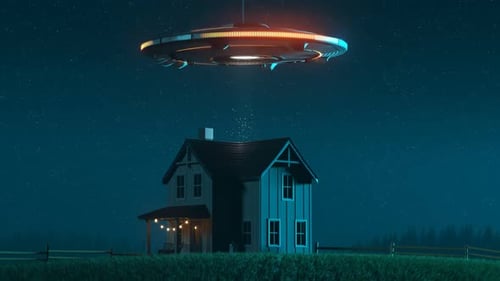 Alien invasion Silhouette of the shiny metal flying saucer. Bright light beam.