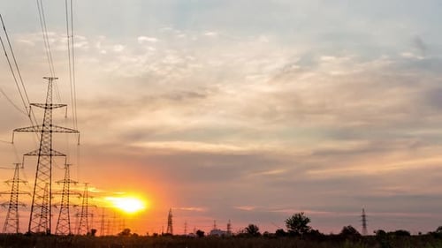 Orange Sunset And Power Lines In The Country, Time Lapse, 4k