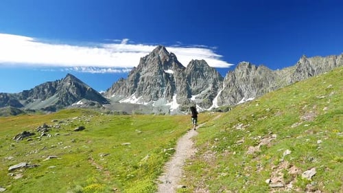 Woman trekking in idyllic mountain landscape on the alps