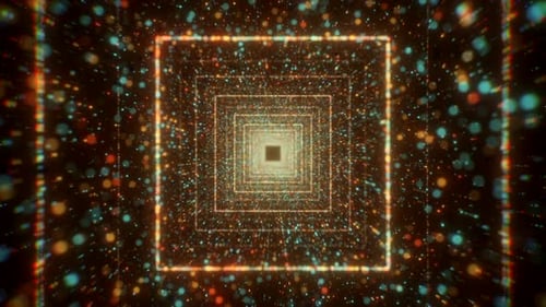 Abstrait avec vol dans le tunnel numérique de la boucle transparente de particules scintillantes