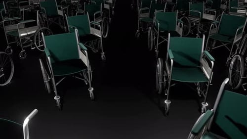 Slow 3D Camera Pan Through Rows of Wheelchairs