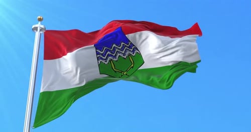 Realistic Waving Flag with Emblem Against Clear Blue Sky