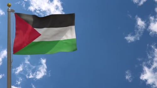 Palestine Flag Waving in Blue Sky with Clouds