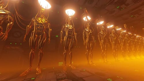 Sci-Fi Golden Cyborgs in Future Tech Production Facility