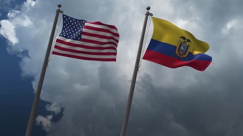US and Ecuador National Flags Waving Against Cloudy Sky