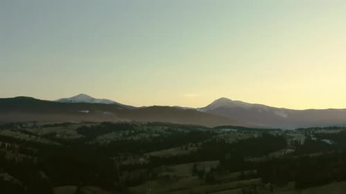 Aerial Drone View Flight Over Forest Mountain Sunset