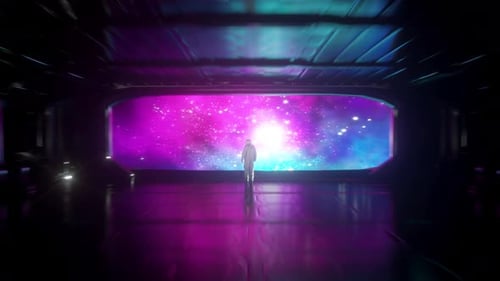 Alone astronaut in futuristic spaceship. View of the starry sky