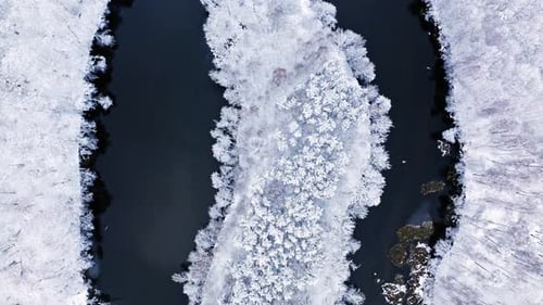 Aerial view of river and frozen snowy forest in winter