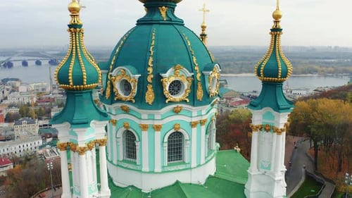 Fly Over Saint Andrews Church in Kiev. The Famous Andrew's Descent in the Capital of Ukraine. Autumn