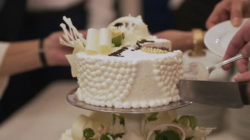 Cutting Elegant White Wedding Cake Close Up