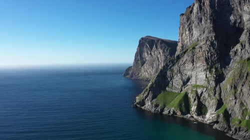 Drone flight above Atlanic ocean ,Norway,Lofoten Island, view from Kvalvika beach