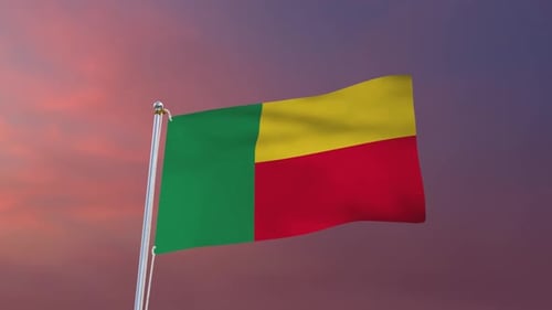 Realistic Benin Flag Waving Animation on Sunset Background