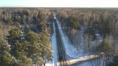 Aerial Motion Sports Person Runs Along Road in Winter Forest