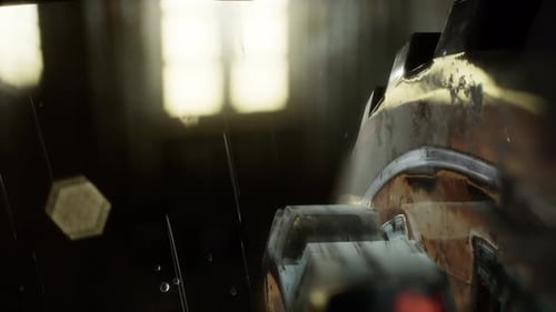 Rusted Industrial Gear Rotating Under Falling Rain Animation