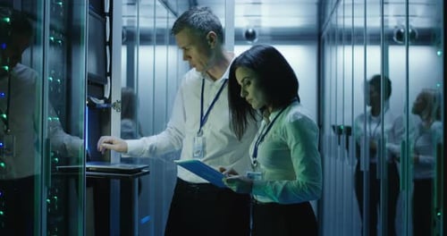 Technicians Work on a Laptop in a Data Center