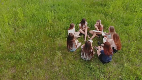 Conceito de trabalho em equipe. Um grupo de alunas estão sentadas na grama e resolvendo problemas