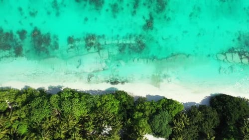 Aerial drone travel of marine lagoon beach vacation by turquoise sea with white sandy background of