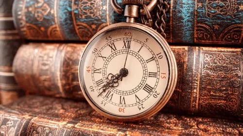 Pocket Watch on Antique Books Illustrates Time Passing