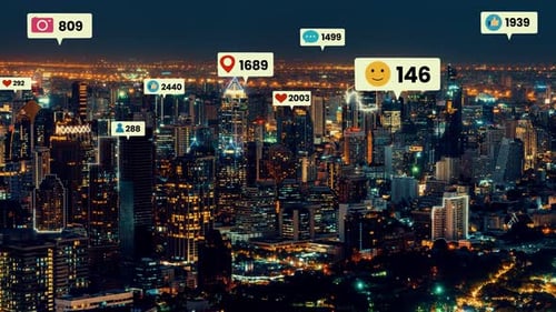Social Media Icons Fly Over City Downtown Showing People Engagement Connection