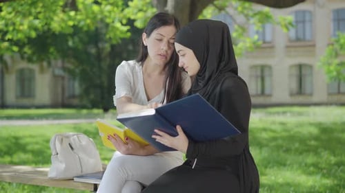 Seitenansicht selbstbewusster junger Studenten, die an sonnigen Tagen im Freien studieren. Porträt eines positiven Muslims