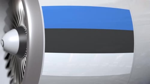 Estonian Flag on Airplane Engine with Spinning Turbine